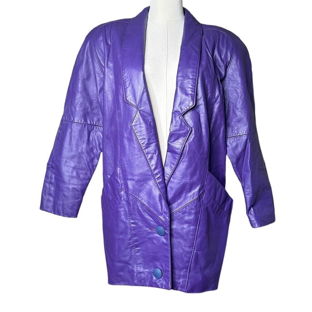 Vtg 90s Outerwear by Pheonix Purple Leather Jacket Coat Shoulder Pads Sz SP